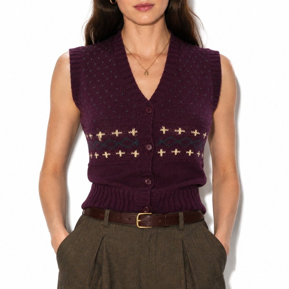 70s Vintage Cross Print Knit Sweater Vest Womens XS Purple Wool Blend Boho